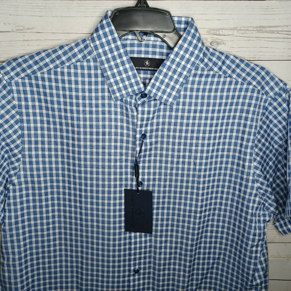 HART SCHAFFNER MARX PRINT MEN'S BLUE CHECKERED S/S SHIRT NEW - Picture 4 of 4